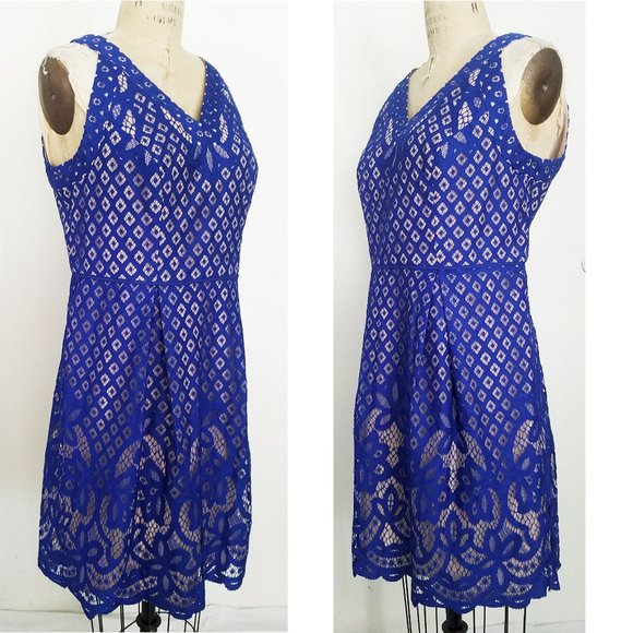 Chico's Dresses & Skirts - Chico's Womens Blue Lace Illusion Dress Sleeveless Pleated 2 NWT